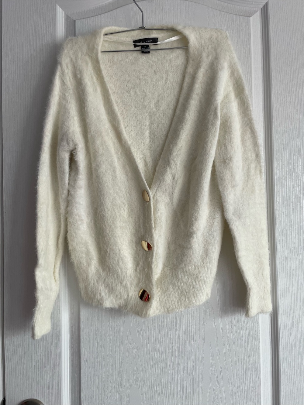 Primark Cream Fuzzy V-Neck Cardigan with Gold Buttons